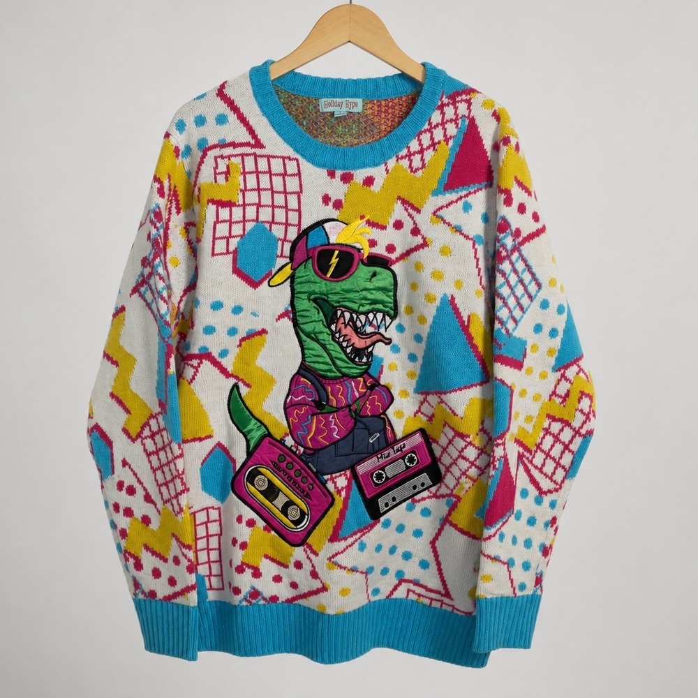 Holiday Hype 80s/90s Theme Fly Rex Ugly Sweater Dino T-Rex Retro Neon Large